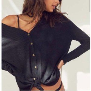 Out from Under Jojo Oversized Thermal Button-Front Top in Black Size Small